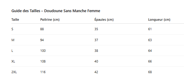 Guide des tailles doudoune rose sans manche