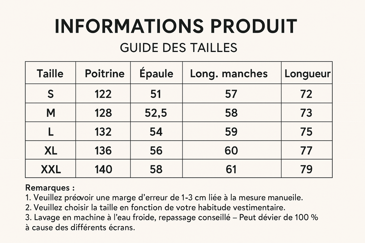 Guide des tailles veste déperlante vert