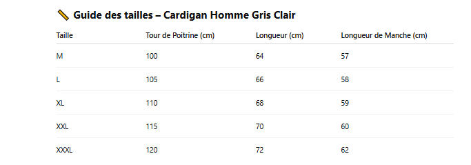 Guide des tailles cardigan gris clair homme