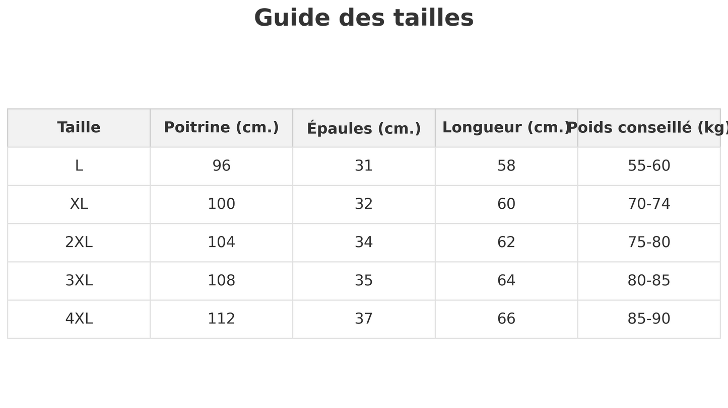 Guide des tailles veste sans manche noire