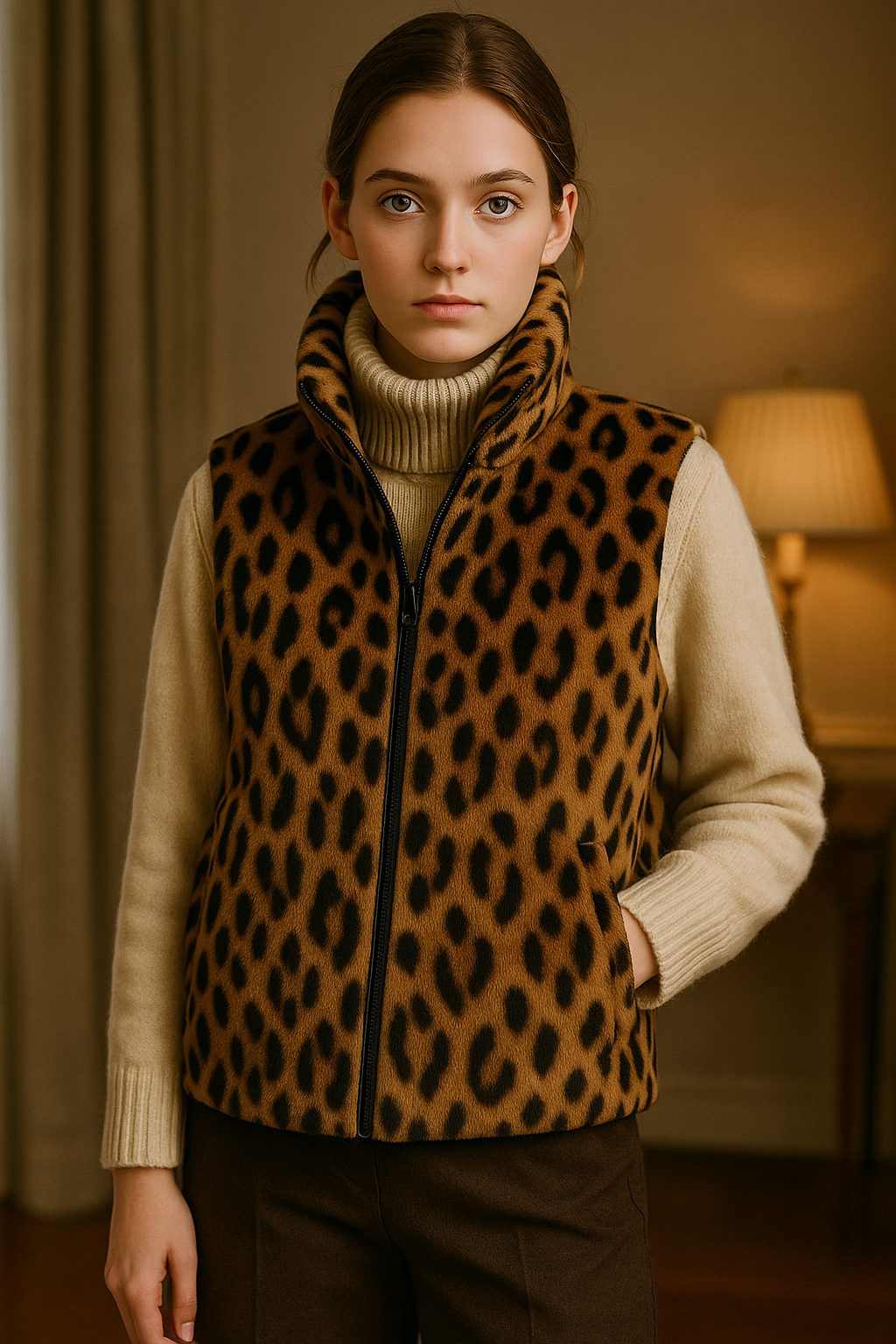 Veste sans manche leopard femme en interieur