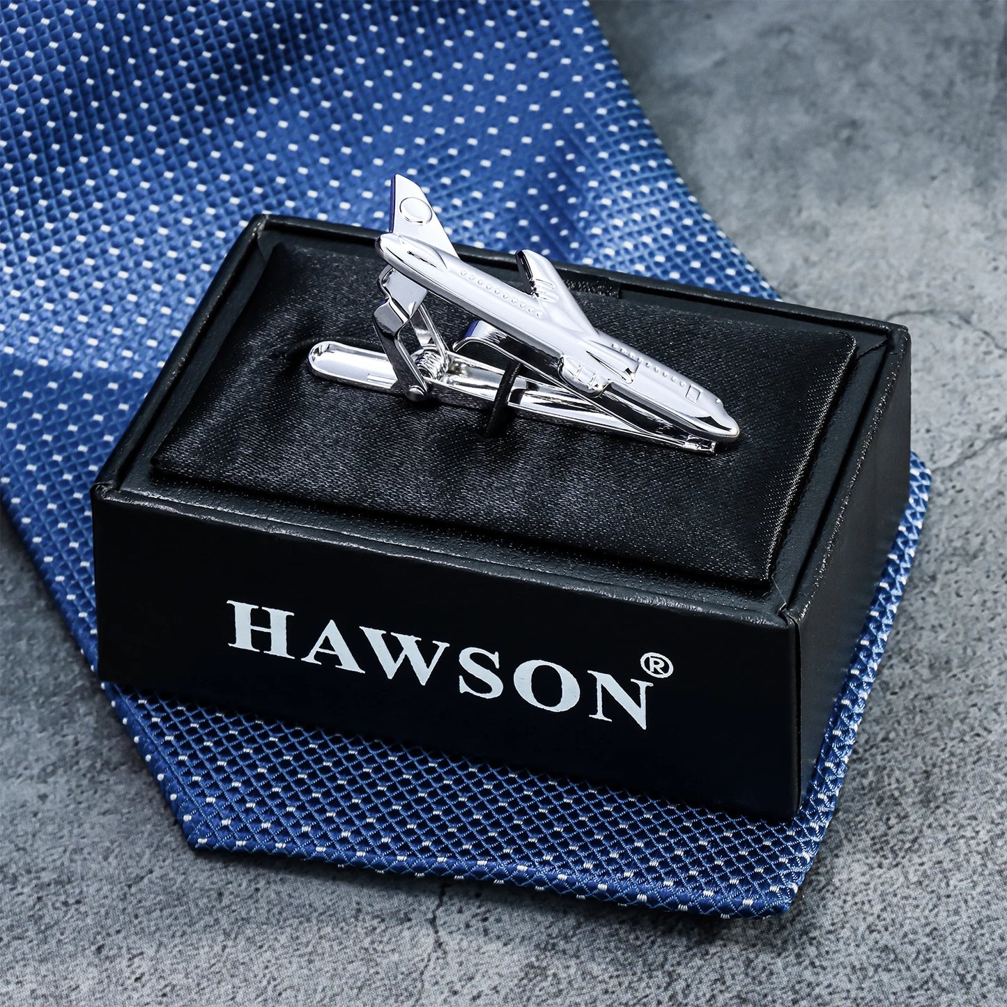 pince a cravate avion argent boite