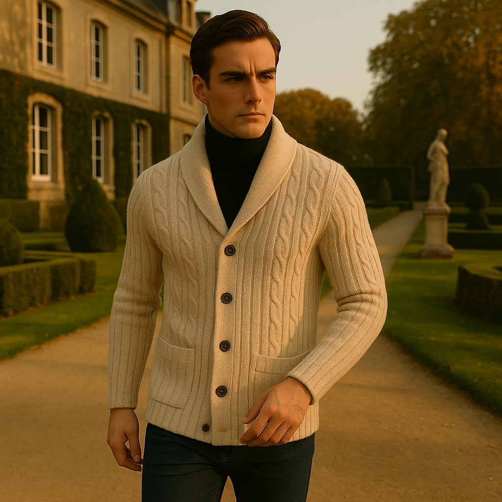 Cardigan col chale beige exterieur