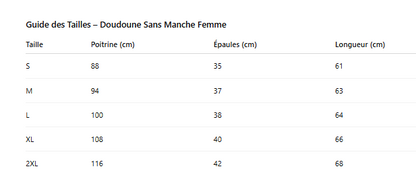 Guide des tailles doudoune rose sans manche 
