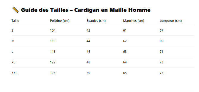 Guide des tailles cardigan en mailles homme