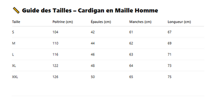 Guide des tailles cardigan en mailles homme