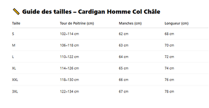 Guide des tailles cardigan homme col chale