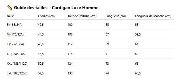 Guide des tailles cardigan luxe homme col v