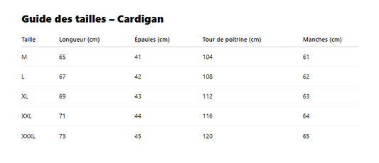 Guide des tailles cardigan noir