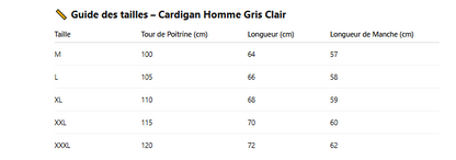 Guide des tailles cardigan gris clair homme