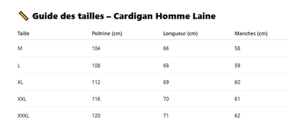 Guide des tailles cardigan homme laine