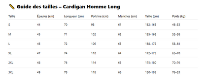Guide des tailles cardigan homme long general