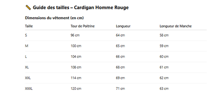 Guide des tailles cardigan homme rouge