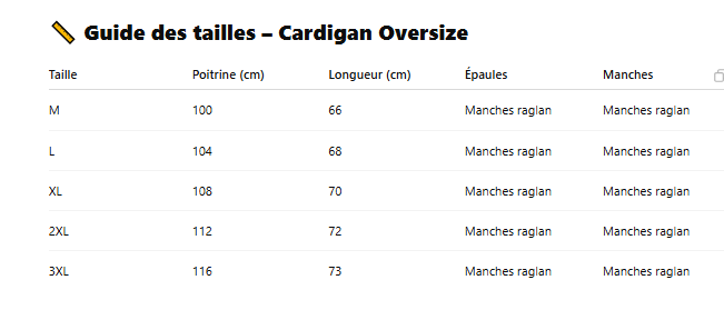 Guide des tailles cardigan oversize