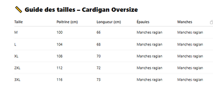Guide des tailles cardigan oversize