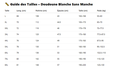 Guide des tailles doudoune sans manche blanche