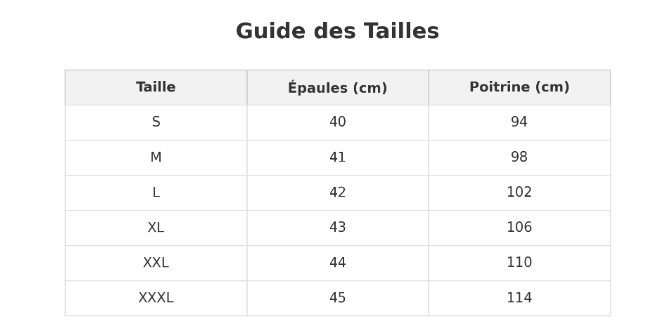 guide des tailles doudounes  matelassées sans manches
