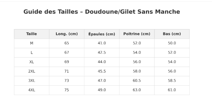 Doudoune sans manche noire homme guide des tailles