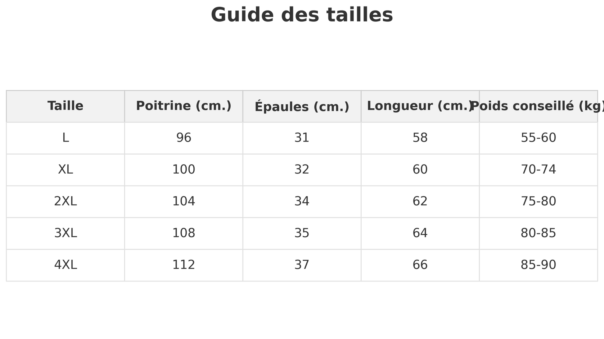 Guide des tailles veste sans manche noire