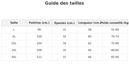 Guide des tailles veste sans manche noire