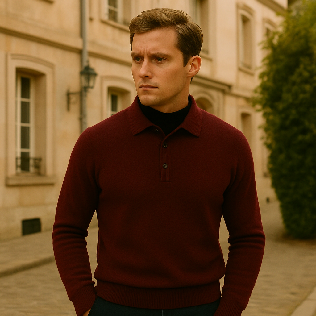 Mannequin blond exterieur cardigan bordeaux homme