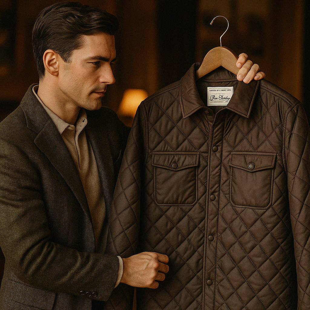 Veste matelassée homme marron tenant la veste