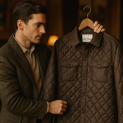 Veste matelassée homme marron tenant la veste