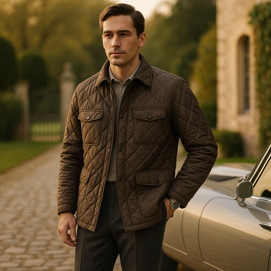 Veste matelassée homme marron avec une voiture derriere