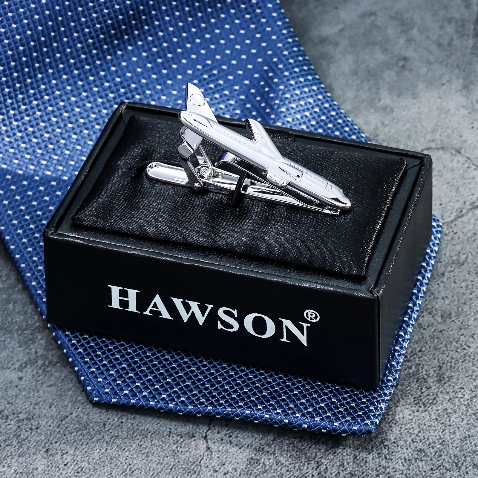 pince a cravate avion argent boite